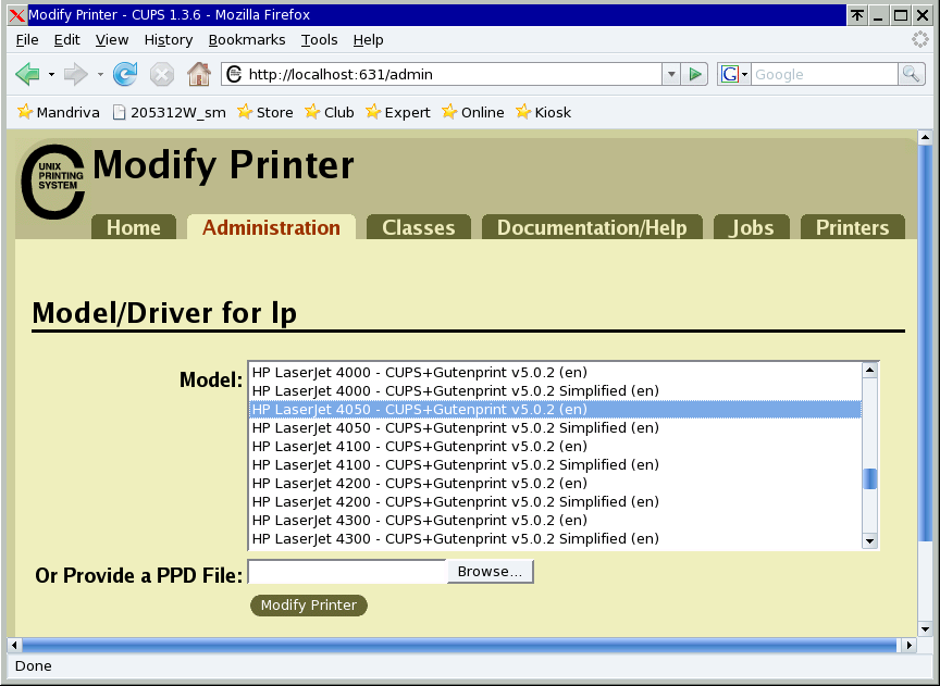Cups modify printer, model/driver