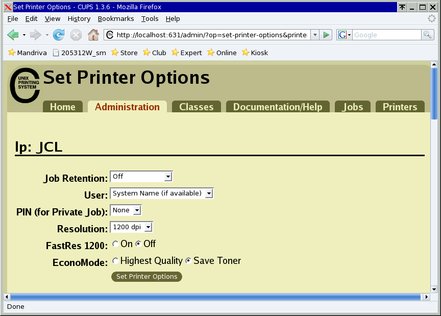 Printer options, JCL section