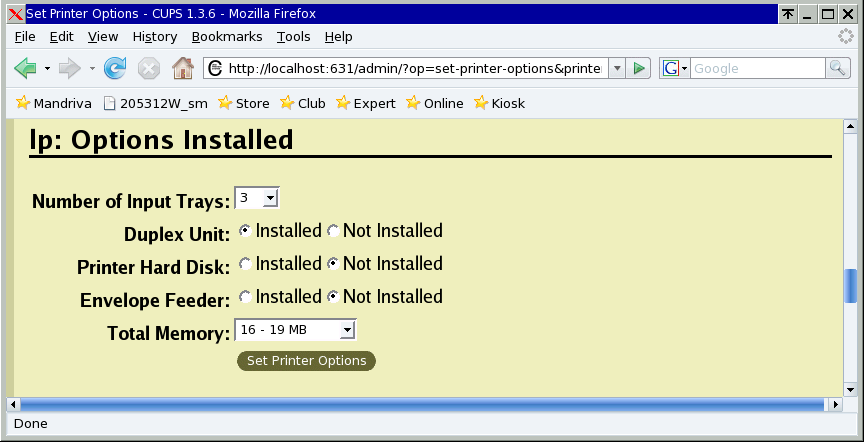 Set printer options, options installed