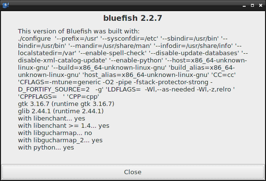Bluefish build dialog box, xbps installed, Python enabled