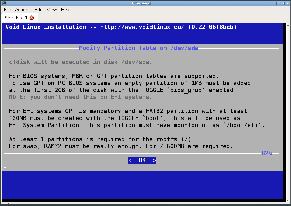 Partition instructions screen
