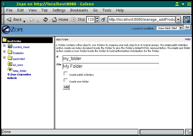 Filling in the properties for the new folder